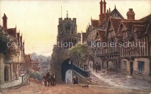 Warwick Warwick West Gate and Leicester Hospital Colour Drawing by W. Quatremain Kuenstlerkarte Kat. Warwick