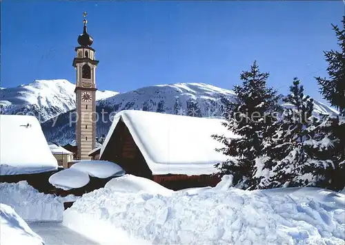 Samedan Winterliche Dorfpartie mit Kirchturm Kat. Samedan