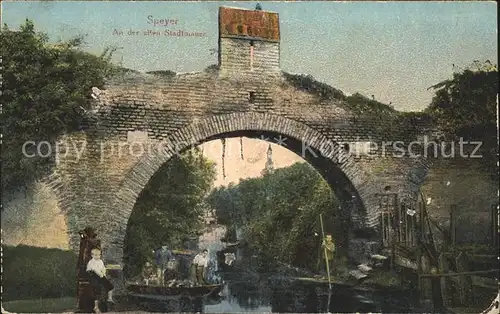 Speyer Rhein Partie an der alten Stadtmauer Kahnfahrt Kat. Speyer