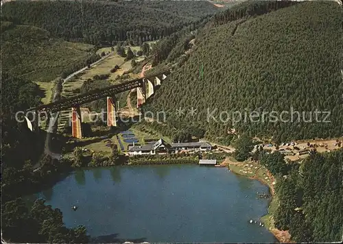 Ramsen Pfalz Gasthof Forelle Bootsvermietung Badestrand Forellenzucht See Bruecke Fliegeraufnahme Kat. Ramsen