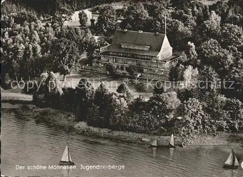 Moehnesee Jugendherberge Segelboot Fliegeraufnahme Kat. Moehnesee