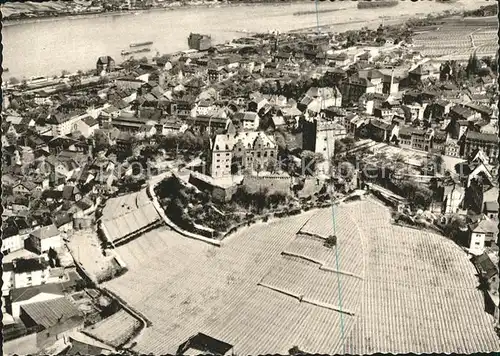 Bingen Rhein mit Burg Klopp Fliegeraufnahme Kupfertiefdruck Kat. Bingen am Rhein