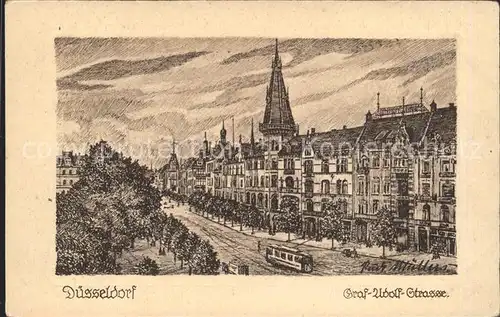 Duesseldorf Graf Adolf Strasse Kuenstlerkarte Original Federzeichnung Rudi Muellers Kat. Duesseldorf