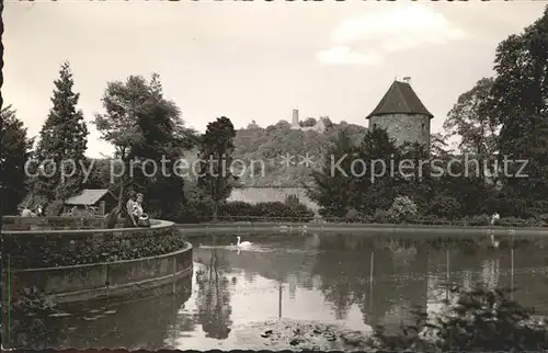 Weinheim Bergstrasse Schlosspark Blauer Hut Turm Burgruine Windeck Schwanenteich Kat. Weinheim