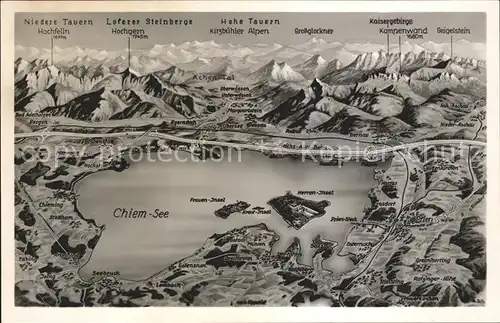 Chiemsee und Umgebung mit Alpenpanorama aus der Vogelschau Kat. Chiemsee