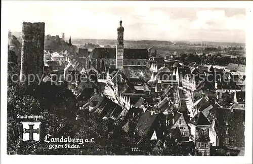 Landsberg Lech Blick gegen Sueden Turm Wappen Kat. Landsberg am Lech