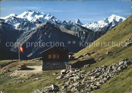 Laax Skihuette Galvera mit Mischabelgruppe Matterhorn und Weisshorn Kat. Laax