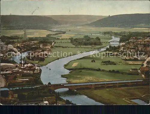 Minden Westfalen Blick ueber die Weser Westfaelische Pforte Bruecke Mittellandkanal Fliegeraufnahme Kat. Minden