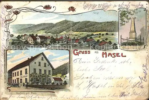 Hasel Gasthaus zum Maien Kriegerdenkmal Litho / Hasel /Loerrach LKR