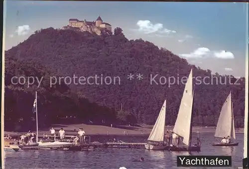 Waldeck Edersee Yachthafen Segelboot Blick zum Schloss Kat. Edertal