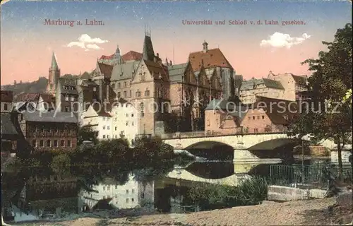 Marburg Lahn Universitaet und Schloss von der Lahn gesehen Bruecke Kat. Marburg