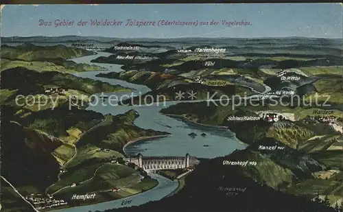 Waldeck Edersee Gebiet der Edertalsperre aus der Vogelschau Kunstdruckkarte No 2 Kat. Edertal