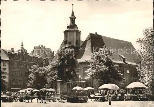 Jena Markt am Rathaus und Hanfried Bronzefigur Kat. Jena