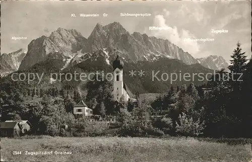 Grainau Ortsansicht mit Kirche Zugspitze Wettersteingebirge Kat. Grainau