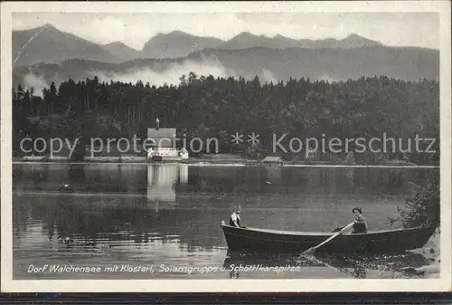 Walchensee Dorf Walchensee mit Kloesterl Soierngruppe und Schoellkarspitze Kat. Kochel a.See