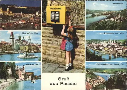 Passau bei Nacht Dom Fahrgastschiff Innpartie Gesamt Donaupartie mit Hafen Zusammenfluss Donau Inn und Ilz Kat. Passau