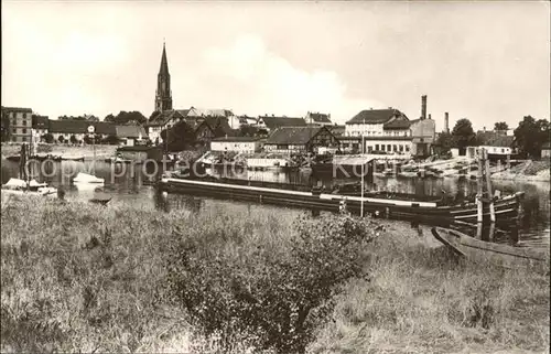 Wittenberge Prignitz Blick auf den Hafen Frachtkahn Kirche Kat. Wittenberge