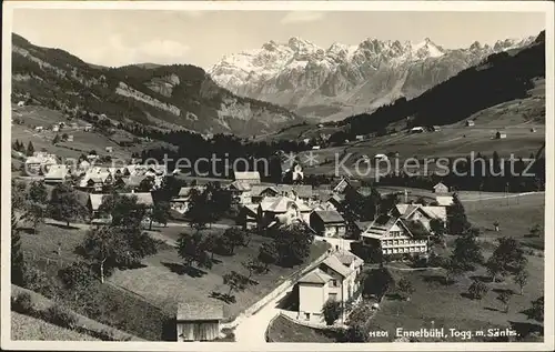 Ennetbuehl Gesamtansicht mit Saentis Appenzeller Alpen echter Photo Handdruck Kat. Ennetbuehl