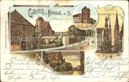 Halle Saale Moritzburg Siegesdenkmal Marktplatz Litho / Halle /Halle Saale Stadtkreis