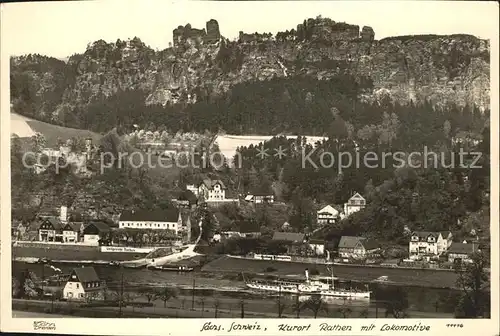 Rathen Saechsische Schweiz Kurort mit Lokomotive Felsen Elbe Dampfer Kat. Rathen Sachsen