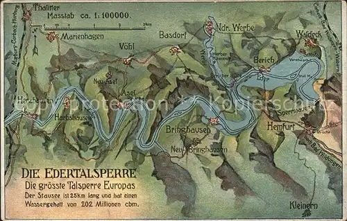 Edersee uebersichtskarte der Edertalsperre Kat. Edertal