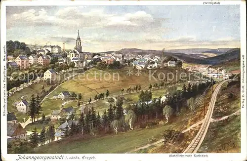 Johanngeorgenstadt Gesamtansicht Bahnlinie nach Carlsbad Wittitstal Kuenstlerkarte Kat. Johanngeorgenstadt