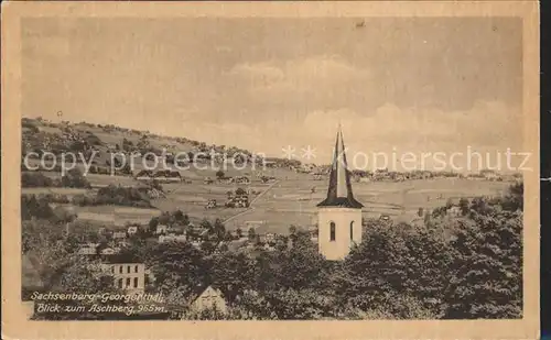 Sachsenberg Georgenthal Kirchturm Blick zum Aschberg Kat. Klingenthal Sachsen