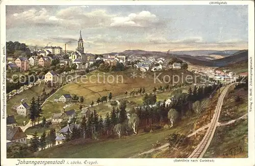 Johanngeorgenstadt Gesamtansicht Bahnlinie nach Carlsbad Wittigstal Kuenstlerkarte Kat. Johanngeorgenstadt