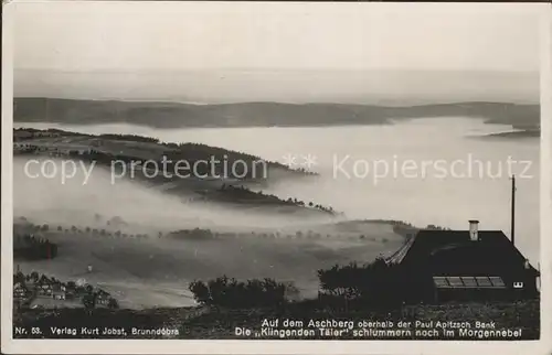 Klingenthal Vogtland Aschberg Paul Apitzsch Bank Klingende Taeler im Morgennebel Kat. Klingenthal Sachsen