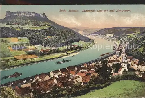 Koenigstein Saechsische Schweiz Panorama Elbtal Lilienstein Elbsandsteingebirge Kat. Koenigstein Saechsische Schweiz