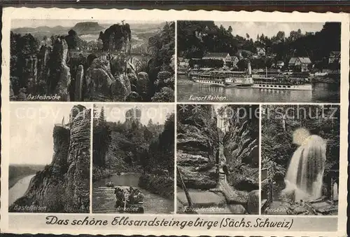 Rathen Saechsische Schweiz Basteibruecke Elbepartie Dampfer Basteifelsen Amselsee Schwedenloecher Amselfall Kat. Rathen Sachsen