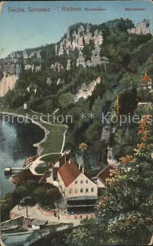 Rathen Saechsische Schweiz mit Elbe Basteifelsen und Moenchstein Kat. Rathen Sachsen