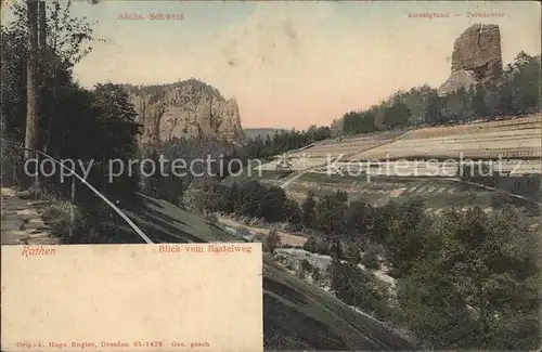 Rathen Saechsische Schweiz Blick vom Basteiweg mit Amselgrund und Talwaechter Kat. Rathen Sachsen