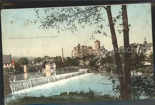 Zschopau Partie am Fluss Wehr Blick zum Schloss Kat. Zschopau