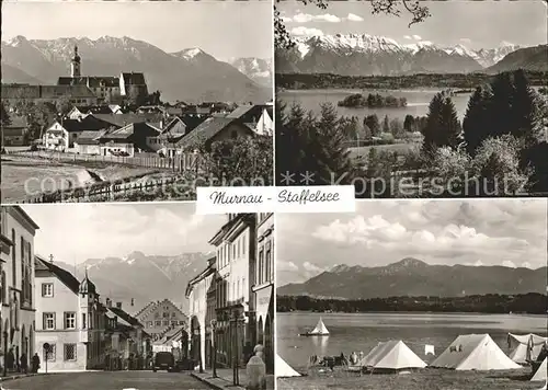 Murnau Ortsansicht mit Kirche Strassenpartie Campingplatz Alpenpanorama Kat. Murnau a.Staffelsee