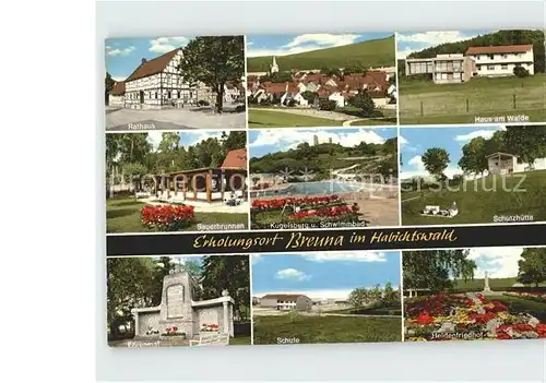 Breuna Rathaus Haus am Walde Schutzhuette Kugelsburg Schwimmbad Sauerbrunnen Ehrenmal Schule Heidenfriedhof Kat. Breuna