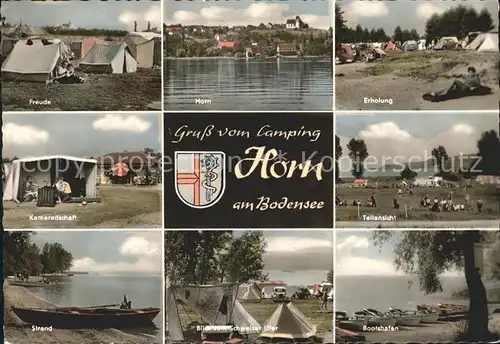 Horn Gaienhofen Camping Horn Freude Erholung Kameradschaft Teilansicht Strand Blick zum Schweizer Ufer Bootshafen Kat. Gaienhofen