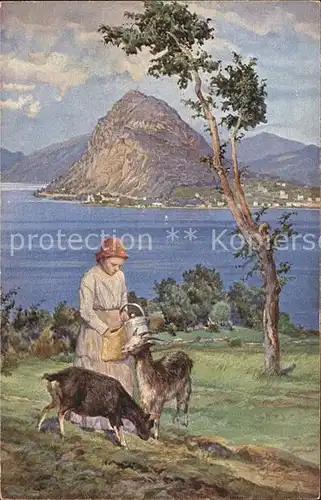 Lugano TI Kuenstlerkarte Frau mit Ziegen und Monte S. Salvatore Kat. Lugano