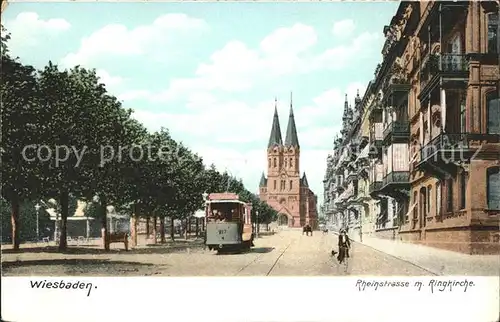 Wiesbaden Rheinstrasse mit Ringkirche Strassenbahn Kat. Wiesbaden