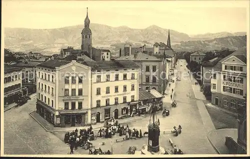 Rosenheim Bayern Platz Strassenpartie Kirche Postamt Alpen Kat. Rosenheim