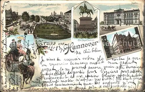 Hannover Platz Herrenhaeuser Allee Ernst August Denkmal Staendehaus Rathaus Pferdekutsche Litho Reichspost Kat. Hannover