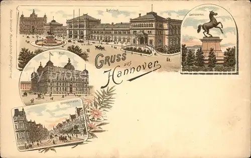 Hannover Ernst August Denkmal Bahnhof Sachsenross Post Koenigstrasse Litho Kat. Hannover