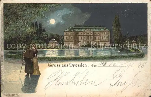 Dresden Schloss im Mondschein Schwanenteich Kuenstlerkarte Reichspost Kat. Dresden Elbe