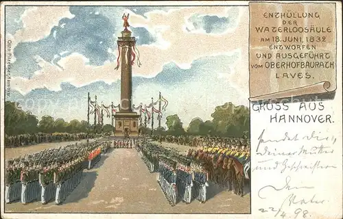 Hannover Enthuellung der Waterloosaeule 1832 Kuenstlerkarte Reichspost Kat. Hannover