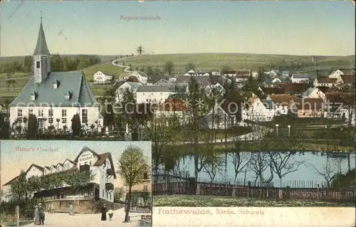 Rathewalde Ortsblick Kirche Napoleonslinde Ritters Gasthof Teich Kat. Hohnstein