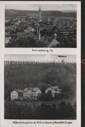 Schneeberg Erzgebirge Ortsansicht mit Kirche Muettererholungsheim der NSV Gleesberg Koehlerturm Kat. Schneeberg