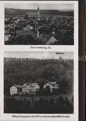 Schneeberg Erzgebirge Ortsansicht mit Kirche Muettererholungsheim der NSV Gleesberg Koehlerturm Kat. Schneeberg