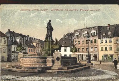 Annaberg Buchholz Erzgebirge Marktplatz mit Barbara Uttmann Denkmal Kat. Annaberg