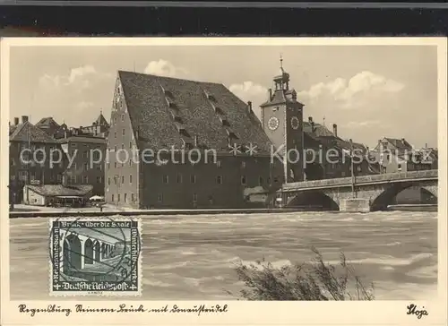 Regensburg Steinerne Bruecke mit Donaustrudel / Regensburg /Regensburg LKR