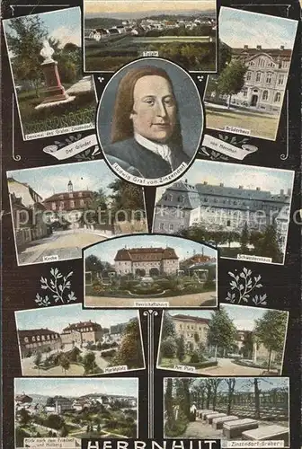 Herrnhut Total Zinzendorfdenkmal und Portrait Bruederhaus Kirche Schwesternhaus Herrschaftshaus Marktplatz Am Platz Friedhof Hutberg Zinzendorf Graeber Kat. Herrnhut